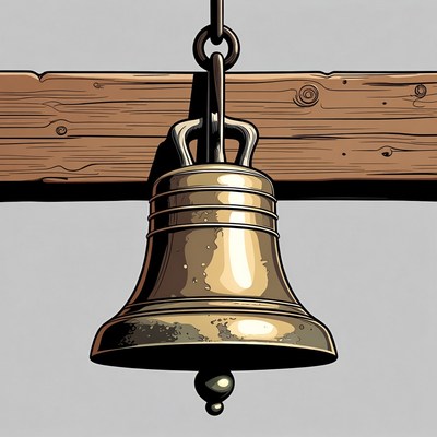 Brass Bell Hanging from Wooden Beam