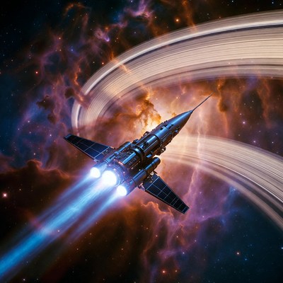 Spaceship Flying Near Saturn Nebula
