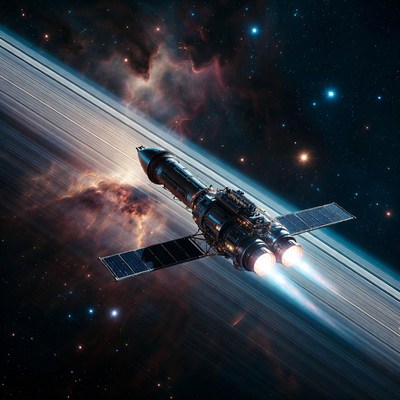 Spaceship Flying Near Saturn Nebula