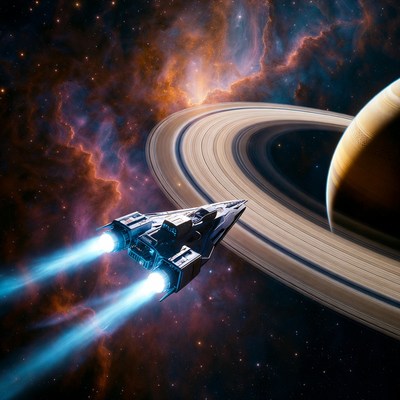 Spaceship Flying Near Saturn