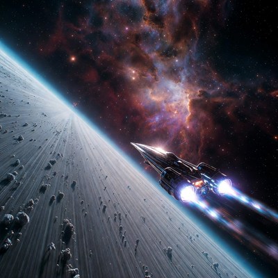 Spaceship Flying Near Planet Nebula