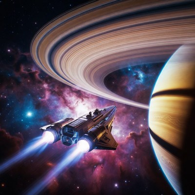 Spaceship Flying Near Saturn