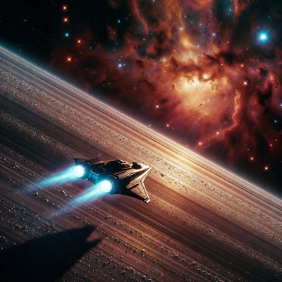 Spaceship Flying Near Nebula and Planet