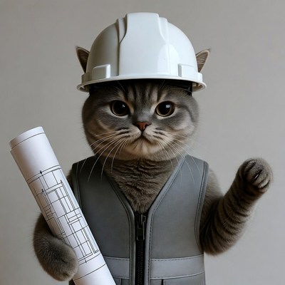 Cat wearing hard hat holding blueprints