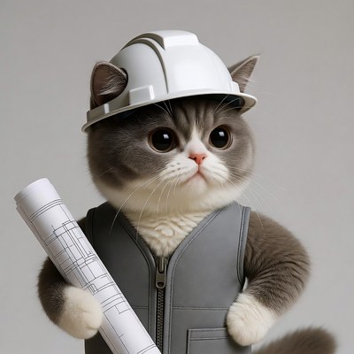 Scottish Fold Cat Wearing Hard Hat
