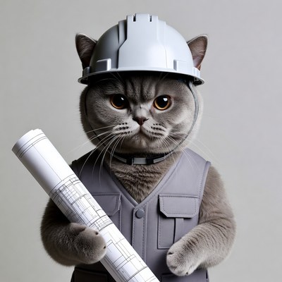 British Shorthair Cat Wearing Hard Hat