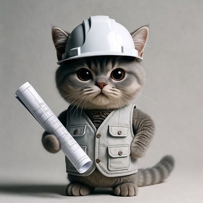 Cute kitten wearing hard hat holding blueprints