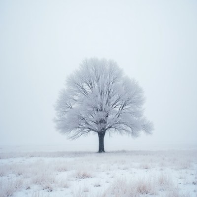 Frost-covered tree in snowy field