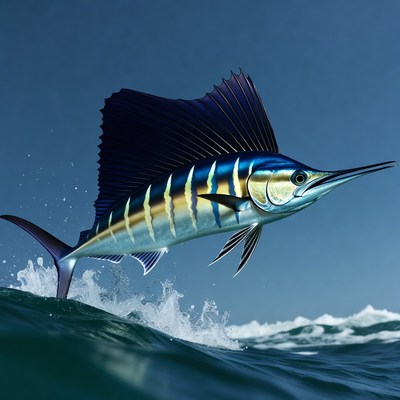 Blue Marlin Jumping from Ocean Waves