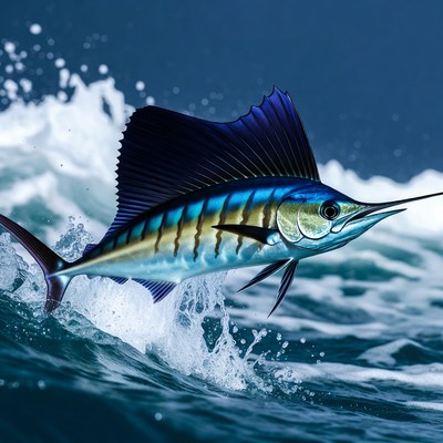 Blue Marlin Leaping from Ocean Waves