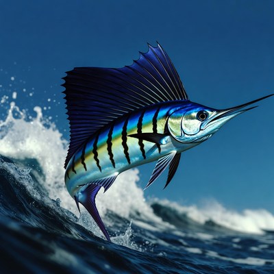 Blue Marlin Jumping from Ocean Waves