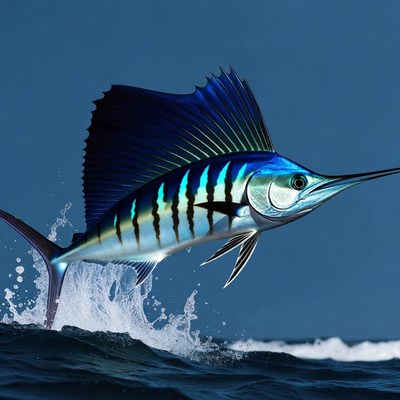 Blue Marlin Jumping from Ocean Waves