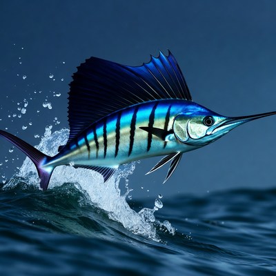 Blue Marlin Jumping from Ocean Waves