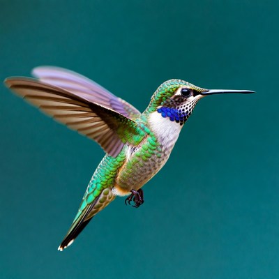 Hummingbird hovering with wings spread