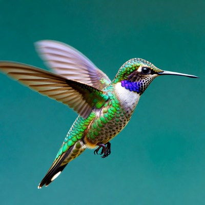 Green hummingbird hovering with wings spread