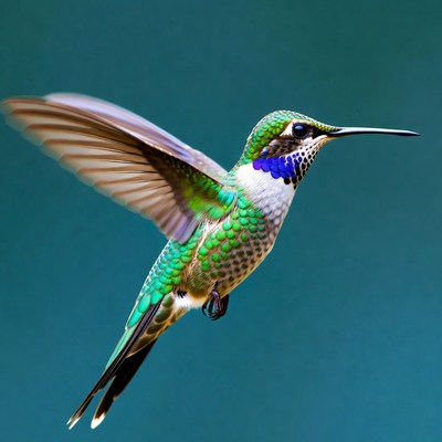 Green hummingbird flying with wings spread