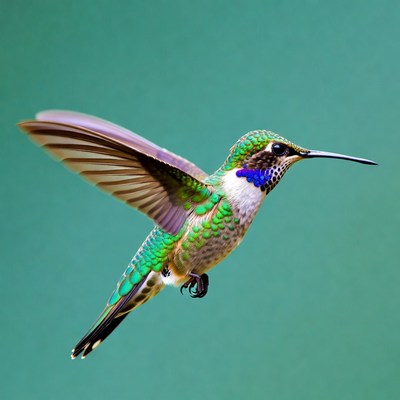 Green hummingbird flying with wings spread