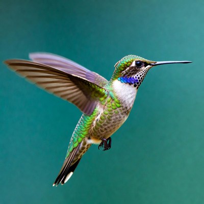 Green hummingbird flying with wings spread