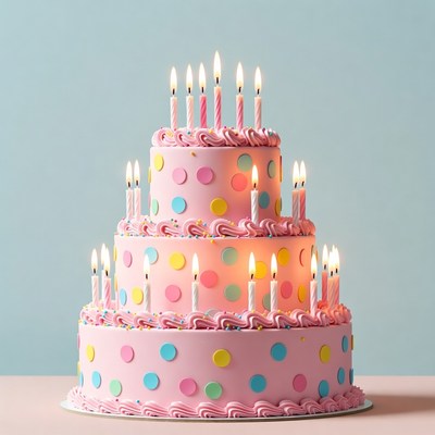 Pink Three-Tier Birthday Cake with Candles
