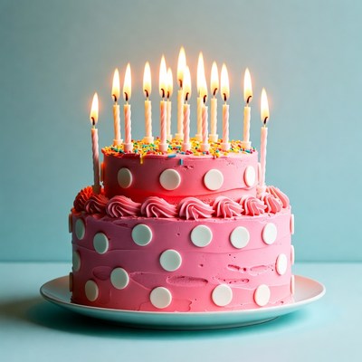 Pink Two-Tier Birthday Cake with Candles