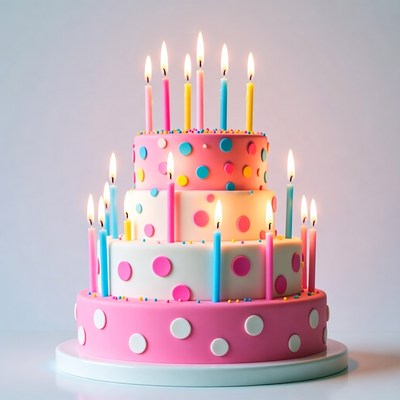Three-tier pink birthday cake with candles