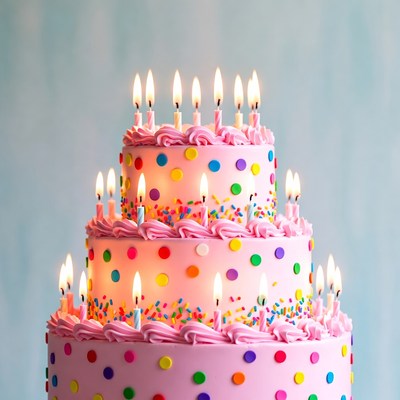 Pink Three-Tier Birthday Cake with Candles