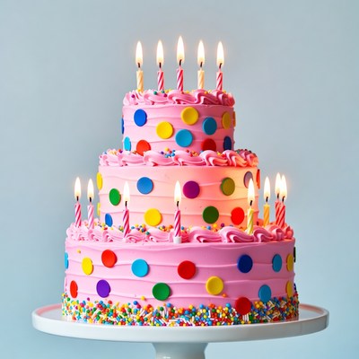 Pink Three-Tier Birthday Cake with Candles