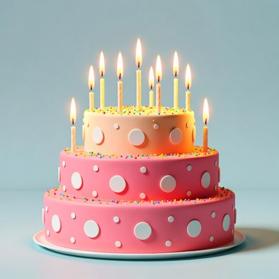 Three-tier pink birthday cake with candles