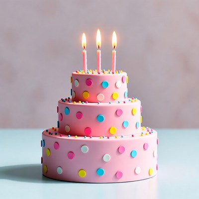 Pink Three-Tier Birthday Cake with Candles
