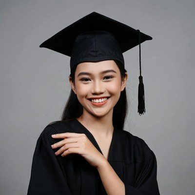 Asian woman in graduation cap and gown