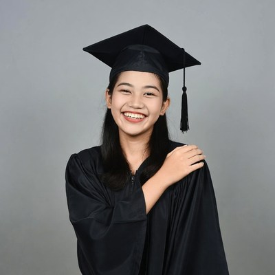 Asian woman smiling in graduation gown