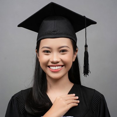 Asian woman in graduation gown smiling