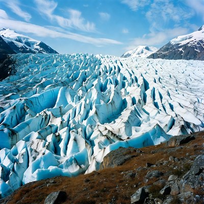 Massive Glacier in Snowy Mountains