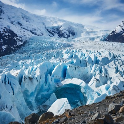 Massive glacier in snowy mountains