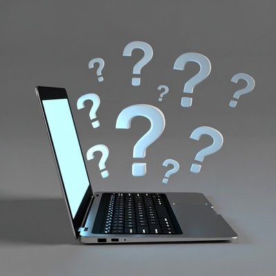 Laptop with floating question marks