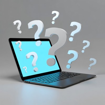 Laptop with floating question marks