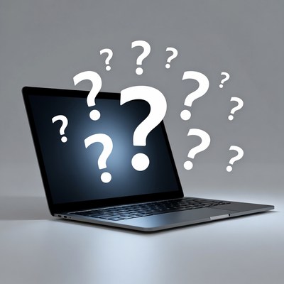 Laptop with floating question marks