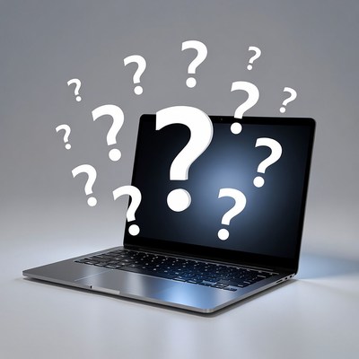 Laptop surrounded by question marks