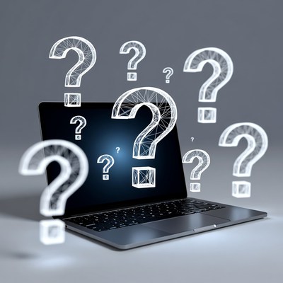 Question marks around laptop