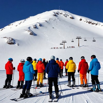Group of Skiers Facing Snowy Mountain