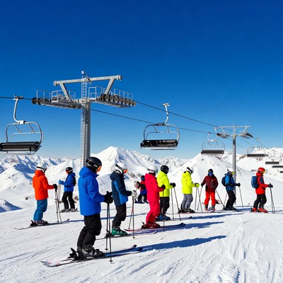 Group of Skiers on Snowy Mountain Slope