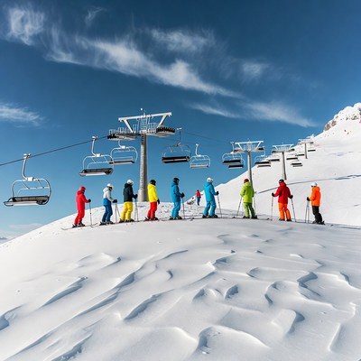 Skiers in colorful suits near chairlift