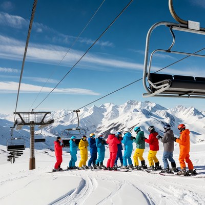 Group of skiers waiting at ski lift