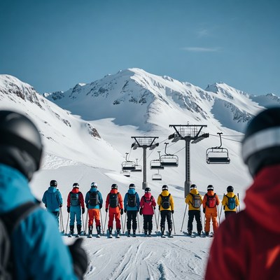 Skiers waiting for chairlift in snowy mountains