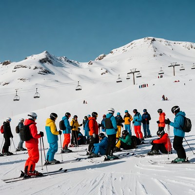 Group of skiers on snowy mountain slope