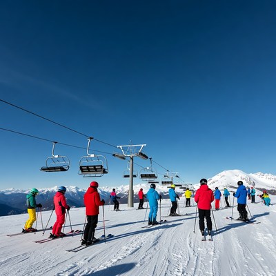Skiers riding chairlift on snowy mountain
