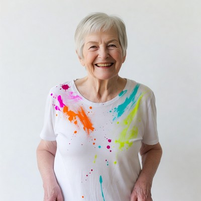 Elderly woman in colorful paint-splattered shirt
