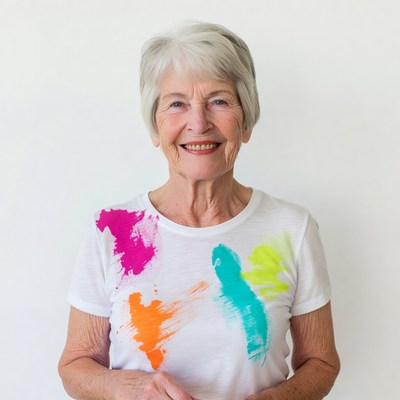 Elderly woman in colorful paint-splattered shirt