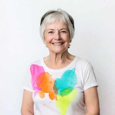 Smiling elderly woman in colorful splatter t-shirt