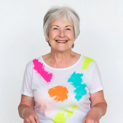 Elderly woman in colorful paint splatter shirt